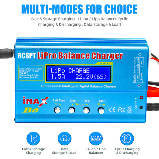 RCSPT B6 Mini Professional Balance Charger/Discharger with Power Supply for 1S-6S LiPo Lilon Life NiCd NiMh Pb RC Battery
