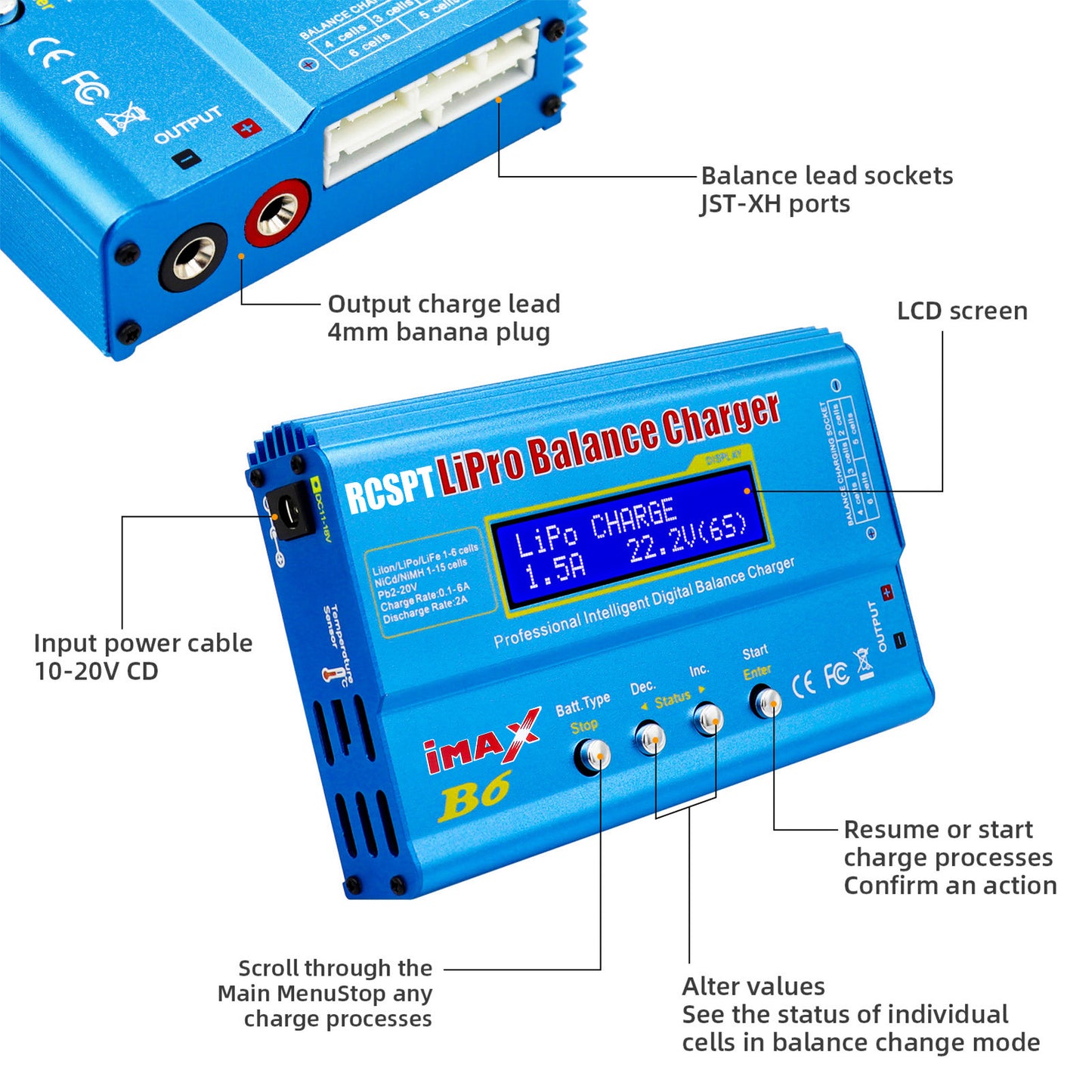 RCSPT B6 Mini Professional Balance Charger/Discharger with Power Supply for 1S-6S LiPo Lilon Life NiCd NiMh Pb RC Battery
