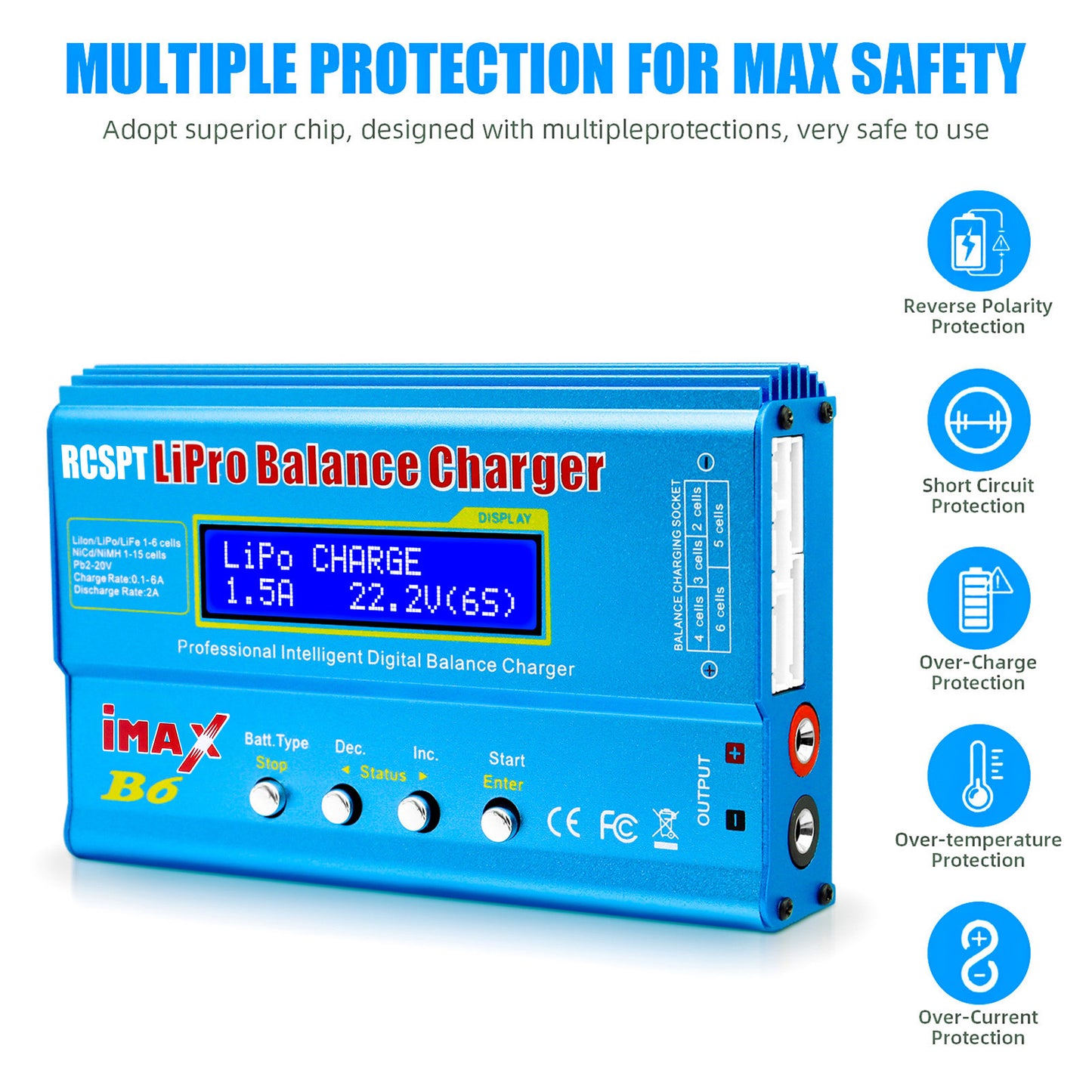 RCSPT B6 Mini Professional Balance Charger/Discharger with Power Supply for 1S-6S LiPo Lilon Life NiCd NiMh Pb RC Battery