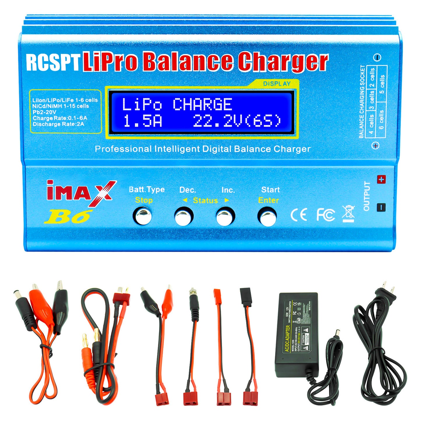 RCSPT B6 Mini Professional Balance Charger/Discharger with Power Supply for 1S-6S LiPo Lilon Life NiCd NiMh Pb RC Battery